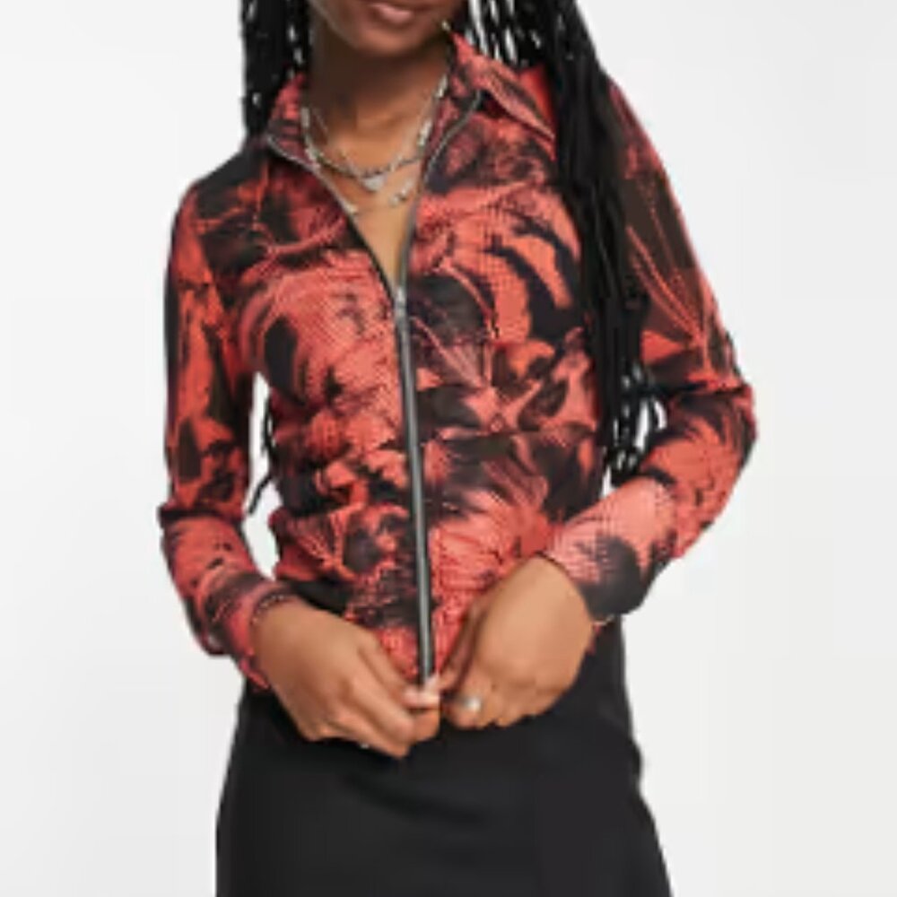 ASOS Femme Fatale Red & Black Rose Pattern Sheer Zip Front Collar Blouse